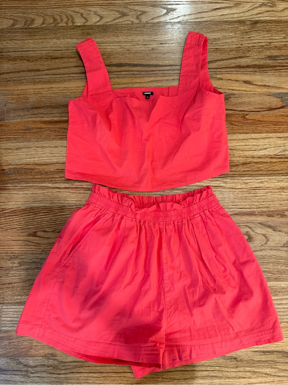 Monrow red Crop Tank and Elastic Waist Shorts Set. poplin material